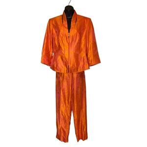 Vintage Carlisle Sz 12 Orange Pink Iridescent Silk Floral Brocade Pant Suit Set